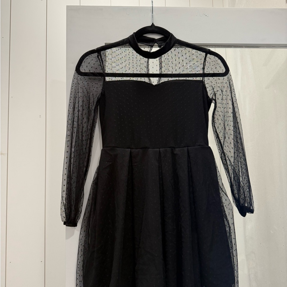 Black Maxi Fit and Flare Dress with Long Bishop Sleeves and Mock Neck